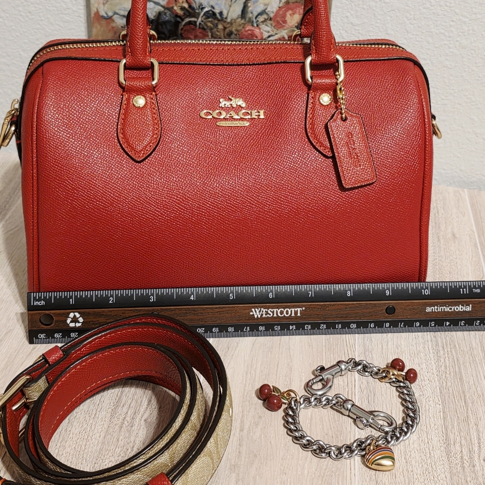 Coach Rowan Satchel Bag Purse Red Leather Crossbody CH322 + Swagger Chain Charms - Picture 12 of 16